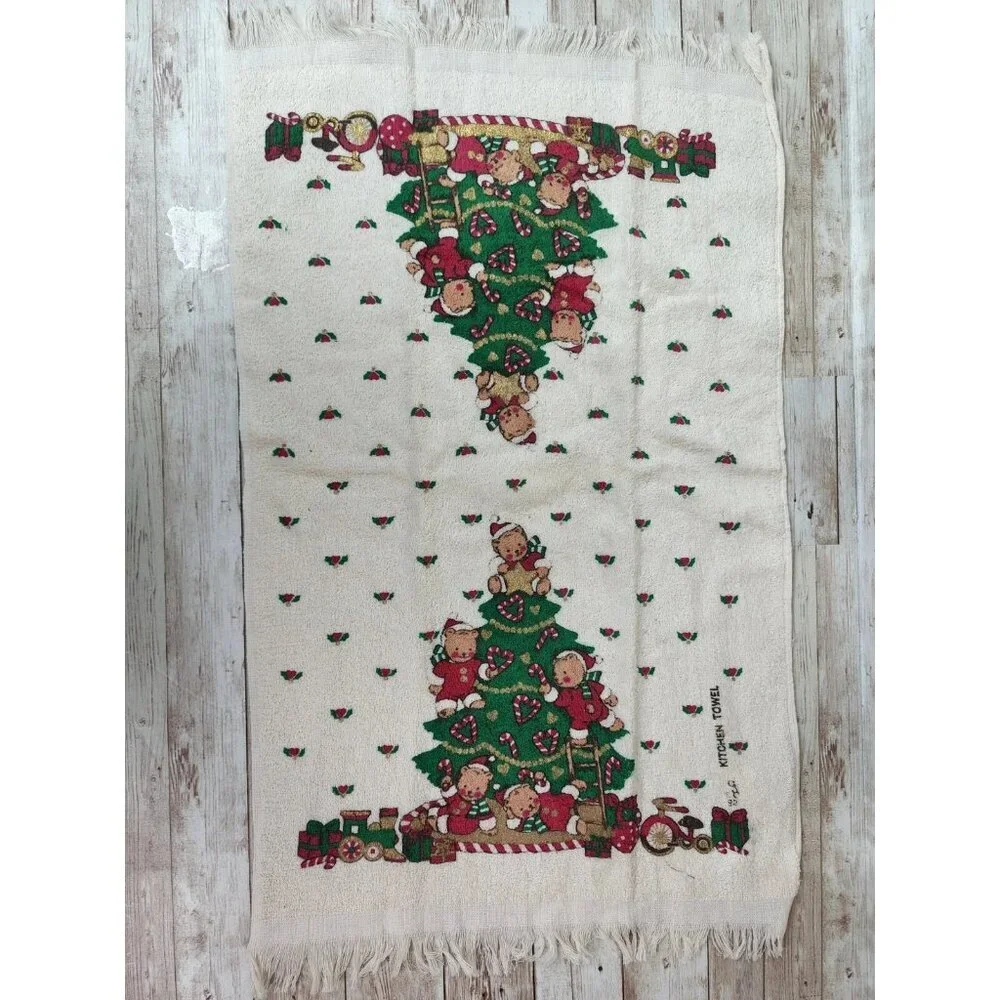 Cecil Saydah 100% Cotton Christmas Tree Kitchen Fringe Towel Teddy‎ Bears Holly